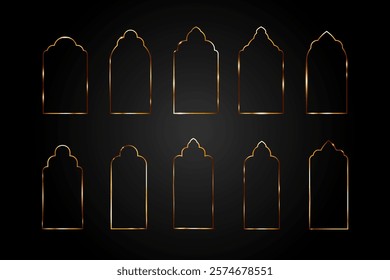 Golden geometric frame of arch in Muslim style, Arabic figures window or door, Gate of Islam, Ramadan, Vector illustration.