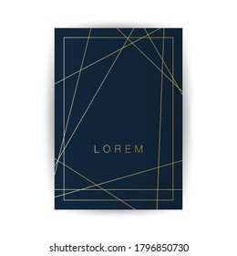 Golden Geometric Frame, Lines Pattern - Minimalist Geometrical Art Deco Style Template for Invitation Cards, Flyers - Line-Art Vector Design on Dark Background