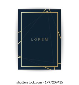 Golden Geometric Frame, Lines Pattern - Minimalist Geometrical Art Deco Style Template for Invitation Cards, Flyers - Line-Art Vector Design on Dark Background