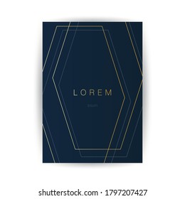 Golden Geometric Frame, Lines Pattern - Minimalist Geometrical Art Deco Style Template for Invitation Cards, Flyers - Line-Art Vector Design on Dark Background