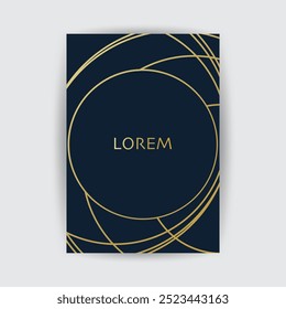 Golden Geometric Frame, Lines Pattern - Minimalist Geometrical Art Deco Style Template for Invitation Cards, Flyers - Line-Art Vector Design on Dark Background