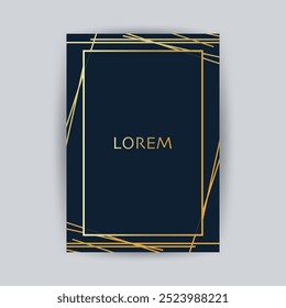 Golden Geometric Frame, Lines Pattern - Minimalist Geometrical Art Deco Style Template for Invitation Cards, Flyers - Line-Art Vector Design on Dark Background