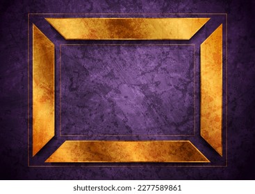 Golden geometric frame on violet grunge background. Vector design