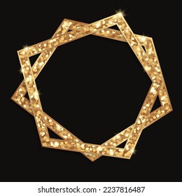Golden geometric frame wit glitter on a black background.