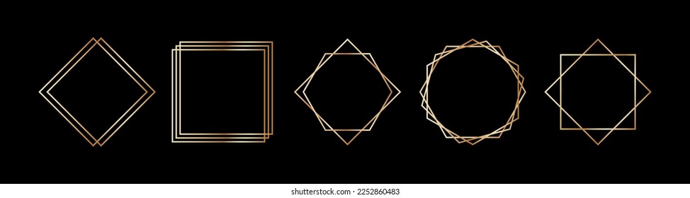 Golden geometric frames in art deco style. Luxury gold borders for for wedding invitation. Thin line polygonal set for invitation decoration. Vector illustration isolated on black background.