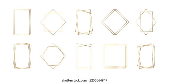 Marcos geométricos dorados de estilo art decó. Bordes dorados de lujo para la invitación a la boda. Conjunto poligonal de línea delgada para decoración de invitación. Ilustración vectorial aislada en fondo blanco.