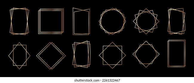 Golden geometric frames in art deco style. Luxury gold borders for for wedding invitation. Thin line polygonal set for invitation decoration. Vector illustration isolated on black background.