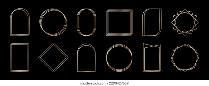 Golden geometric frames in art deco style. Luxury gold borders for for wedding invitation. Thin line oval and rectangle set for invitation decoration. Vector illustration isolated on black background.