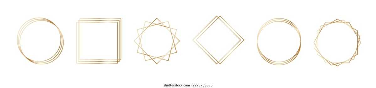 Golden geometric frames in art deco style. Luxury gold borders for for wedding invitation. Thin line oval and square set for invitation decoration. Vector illustration isolated on white background.