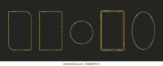 Marcos geométricos dorados en estilo art deco. Elementos de diseño para invitación de boda. Marcos de Vector lineales aislados sobre fondo negro.