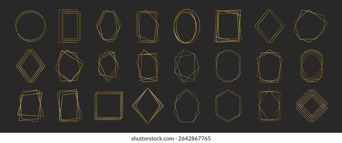 Golden Geometric Frames Collection. Luxury Art Deco Polyhedron Borders, Decorative Line Elements and Abstract Polygon Shapes for Wedding Invitations, Cards, Posters and Elegant Design Templates