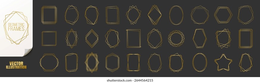 Golden Geometric Frames Collection. Luxury Art Deco Polyhedron Borders, Decorative Line Elements and Abstract Polygon Shapes for Wedding Invitations, Cards, Posters and Elegant Design Templates