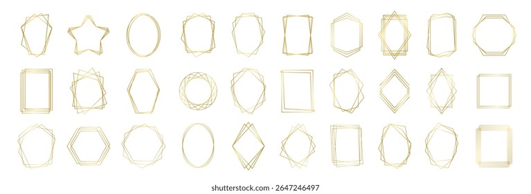 Golden Geometric Frames Collection. Luxury Art Deco Polyhedron Borders, Decorative Line Elements and Abstract Polygon Shapes for Wedding Invitations, Cards, Posters and Elegant Design Templates