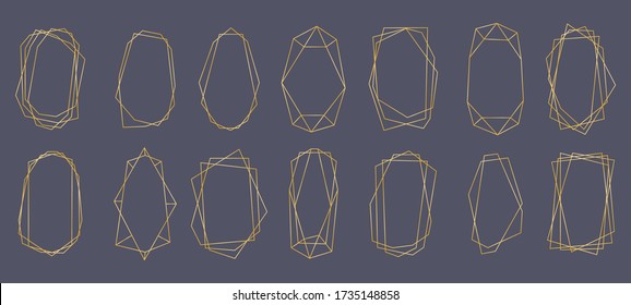 Marcos geométricos dorados. Colección de marcos de lujo polígonos dorados. Diseño poliedro geométrico para tarjeta de boda, invitaciones, logotipo, portada de libro, decoración artística y afiche. Ilustración vectorial.