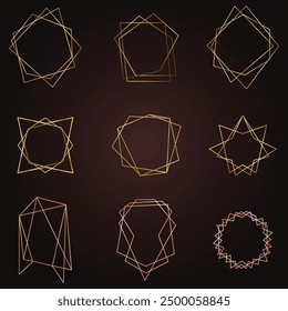 Golden geometric frames. Elegant gold hexagonal elements, abstract wedding invitation frame. Vintage luxury border vector symbols set. Geometric golden shape, hexagon and circle form illustration