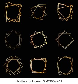 Golden geometric frames. Elegant gold hexagonal elements, abstract wedding invitation frame. Vintage luxury border vector symbols set. Geometric golden shape, hexagon and circle form illustration