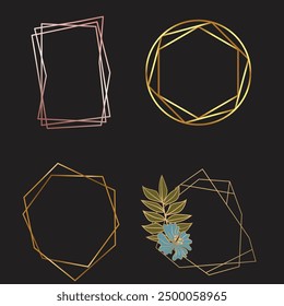 Golden geometric frames. Elegant gold hexagonal elements, abstract wedding invitation frame. Vintage luxury border vector symbols set. Geometric golden shape, hexagon and circle form illustration