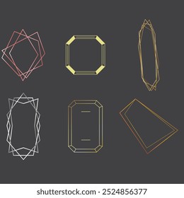 Golden geometric frames. Elegant gold hexagonal elements, abstract wedding invitation frame. Vintage luxury border vector symbols set. Geometric golden shape, hexagon and circle form illustration