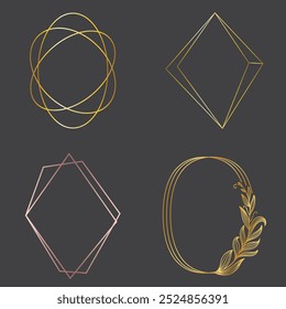 Golden geometric frames. Elegant gold hexagonal elements, abstract wedding invitation frame. Vintage luxury border vector symbols set. Geometric golden shape, hexagon and circle form illustration
