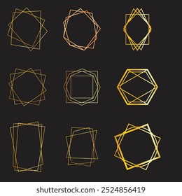 Golden geometric frames. Elegant gold hexagonal elements, abstract wedding invitation frame. Vintage luxury border vector symbols set. Geometric golden shape, hexagon and circle form illustration
