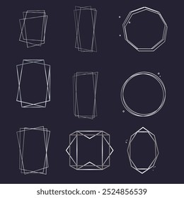 Golden geometric frames. Elegant gold hexagonal elements, abstract wedding invitation frame. Vintage luxury border vector symbols set. Geometric golden shape, hexagon and circle form illustration