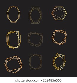 Golden geometric frames. Elegant gold hexagonal elements, abstract wedding invitation frame. Vintage luxury border vector symbols set. Geometric golden shape, hexagon and circle form illustration