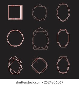 Golden geometric frames. Elegant gold hexagonal elements, abstract wedding invitation frame. Vintage luxury border vector symbols set. Geometric golden shape, hexagon and circle form illustration