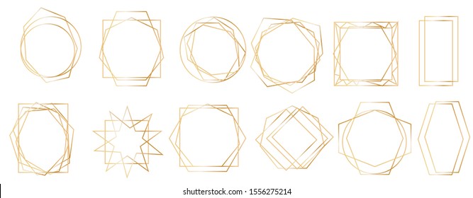 Golden geometric frames. Geometrical polyhedron, art deco style for wedding invitation, Realistic 3d Detailed Golden Polygonal Frames Thin Line Set for Invitation Decoration. 