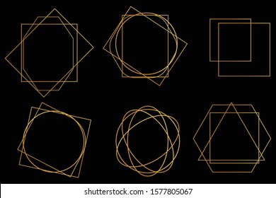 Golden geometric frames. Geometrical polyhedron, art deco style for wedding invitation, luxury templates, decorative patterns. Realistic 3d Detailed Golden Polygonal Frames Thin Line 