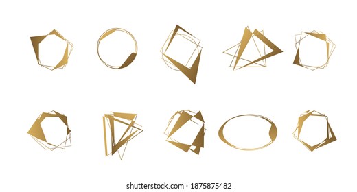 Golden geometric frames. Geometrical polyhedron, art deco style for wedding invitation, Realistic 3d Detailed Golden Polygonal Frames Thin Line Set for Invitation Decoration.