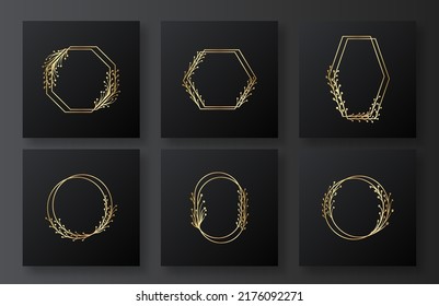 Golden Geometric Frames. Geometrical Polyhedron, Art Deco Style For Wedding Invitation