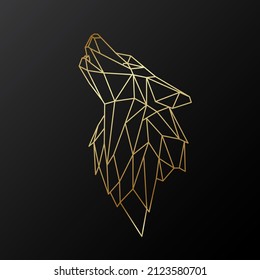 Golden geometric head of howling wolf. Muzzle of wild wolf. Vector design for tattoo, logo, print and etc.