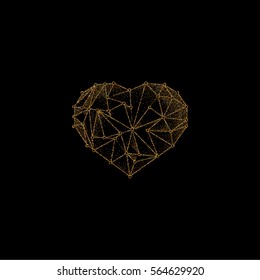 Golden geometric heart on black background.