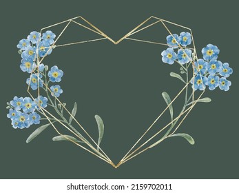 Golden geometric heart shape frame with digitally painted watercolor forget me not flowers on dark green background