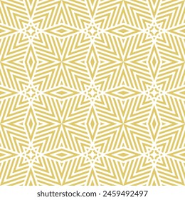 Golden geometric line vector seamless pattern. Simple gold and white texture with stripes, lines, stars, diamonds, chevron. Abstract luxury linear graphic background. Modern repeatable geo design