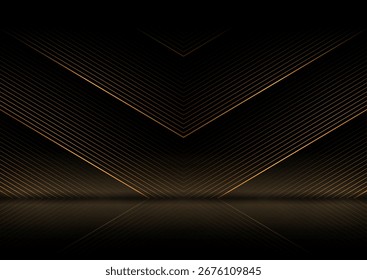 Fondo futurista abstracto de la tecnología de las flechas lineales geométricas doradas con la reflexión. Vector de arte digital diseño mínimo