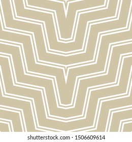 Golden geometric lines seamless pattern. Simple vector texture with diagonal stripes, broken lines, chevron, zigzag. Abstract gold and white graphic background. Modern stylish ornament. Repeat design