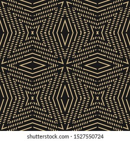 Golden geometric lines seamless pattern. Vector abstract black and gold ornament. Simple geometrical shapes, stripes, stars, rhombuses. Luxury linear background. Elegant repeated decorative design