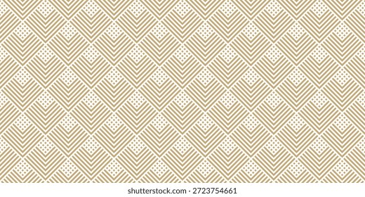 Golden geometric lines seamless pattern. Vector texture with squares, rhombuses, stripes, chevron, triangles. Simple abstract ornament. Gold and white geometrical background. Trendy repeating design