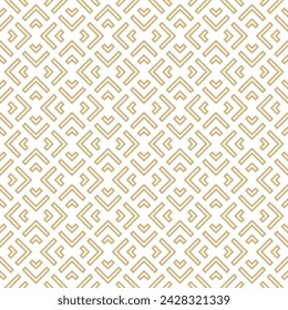 Golden geometric lines vector seamless pattern. Luxury texture with triangles, squares, chevron, arrows, lines. Abstract gold and white linear graphic background. Elegant retro ornament. Repeat design