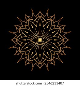 Golden geometric mandala with an all seeing eye at the center on black background.