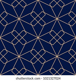 Golden geometric ornament on blue background. Seamless pattern for web, textile and wallpapers
