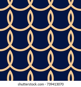 Golden geometric ornament on blue background. Seamless pattern for web, textile and wallpapers