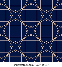 Golden geometric ornament on blue background. Seamless pattern for web, textile and wallpapers