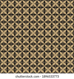 Golden geometric ornament pattern. Gold and black vector seamless texture with small flower silhouettes, diamonds, grid, repeat tiles. Luxury gothic style background. Repeated design for print, decor