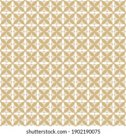 Golden geometric ornament pattern. Gold and white vector seamless texture with small flower silhouettes, diamonds, grid, repeat tiles. Elegant gothic style background. Repeated design for print, decor
