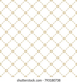 Golden geometric ornament. Vector seamless pattern in oriental style. Texture of mesh, ornamental grid, lattice. Gold and white abstract background. Subtle luxury repeat design for decoration, prints