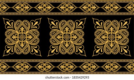 Golden geometric paisley pattern border on black background.EPS10 Illustration.