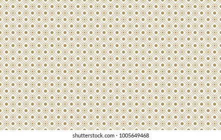 Golden Geometric Pattern 9v42, Increased. Seamless Golden Pattern with Serif Lines, Rhombuses and Painted Circles on White Background. Can Use for Wrapping Paper, Textile and Gift Pack