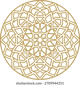 Un patrón geométrico dorado está dispuesto en un diseño circular, creando una Imagen abstracta intrincada y simétrica.
